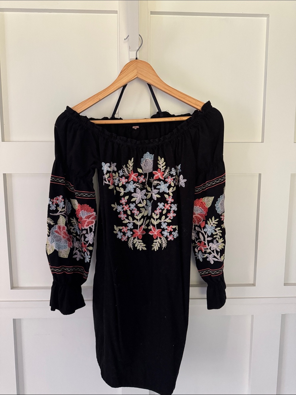 Free People Black Off-Shoulder Floral Embroidered Dress